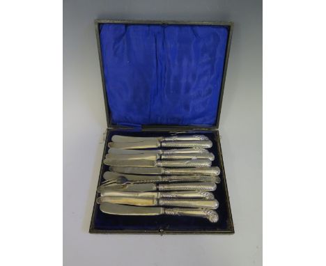 Presentation Cased Set of Six Silver Pistol Grip Tea Knives, another unboxed set of six and silver pickle fork