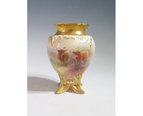 A Royal Worcester Vase decorated with highland cattle, signed H.Stinton, 9.5 cm