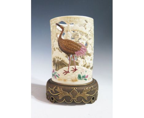 A Rare Royal Worcester Japanese taste Tusk Vase with pierced ivory ground polychrome enamelled and gilded with cranes, mounte