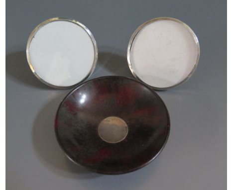 A Chester Silver and Bakelite Pin Dish, Charles Horner and pair of small sterling silver easel back photo frames (6 cm diam.)