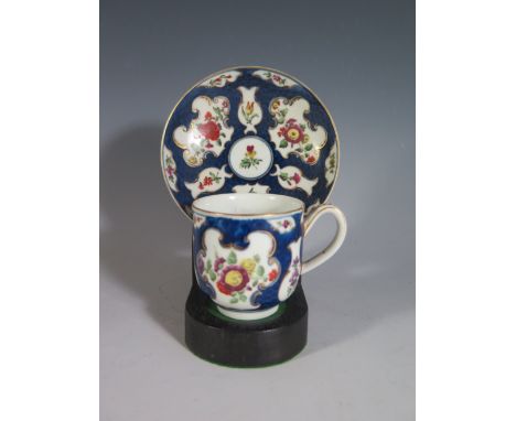 An Early Blue Scale Cup and Saucer with floral decoration, probably Worcester