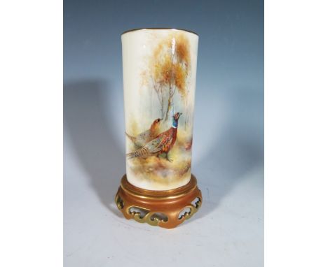 A Royal Worcester Pheasant Decorated Sleeve Vase, signed Jas Stinton, 16 cm. Extensive hairline