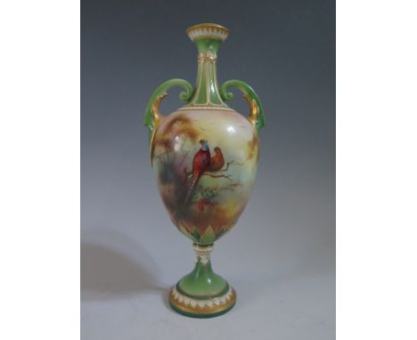 A Royal Worcester Two Handled Vase decorated with pheasants, signed H. Martin. Stem restored