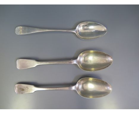 A George III Silver Table Spoon, London 1792, Peter & Ann Bateman and two George IV silver table spoons, London 1823, William