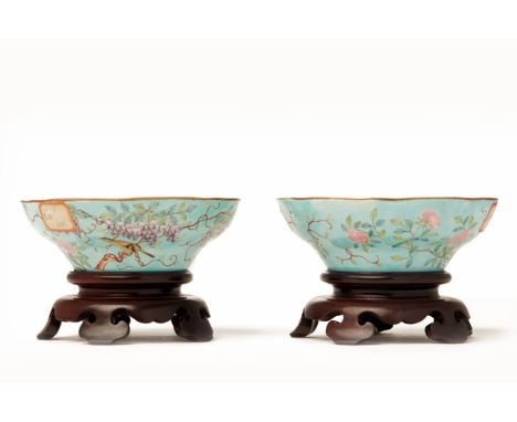 Circa 1875 - 1908 Chinese Qing FenCai / Yangcai Famille Rose Botannical and Bird Porcelain pair of bowls With the wax export 