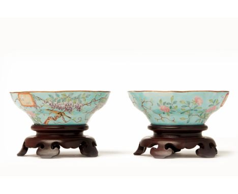 Circa 1875 - 1908 Chinese Qing FenCai / Yangcai Famille Rose Botannical and Bird Porcelain pair of bowls With the wax export 