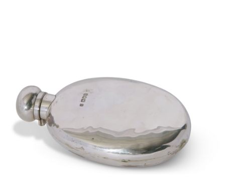 Late 19th century silver hip flask of oval shaped form,having a lancet fitted hinged lid. 14x8cms, hallmarked for London 1899