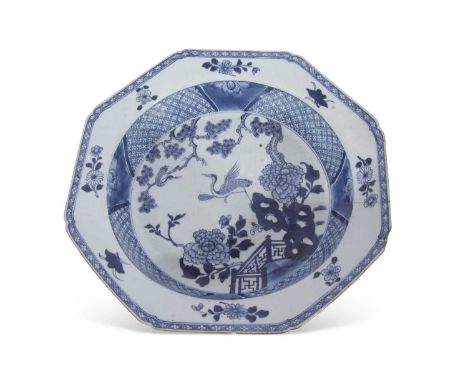 Large Chinese porcelain basin with blue and white design, Qianlong period, the well decorated with a heron and prunus and roc