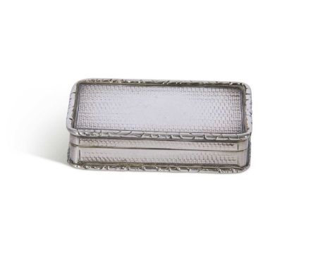 Regency period silver snuff box of rectangular shape with rounded corners, applied beaded edges and engine turning throughout