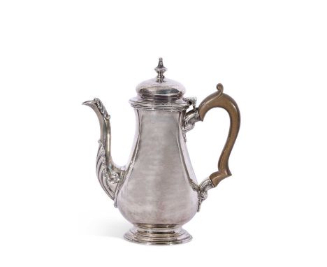 Small early George III coffee or chocolate pot of typical baluster form with treen handle, urn finial to the plain domed hing