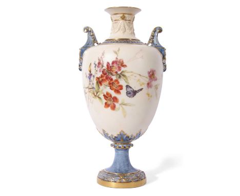 Large Royal Worcester vase decorated with flowers and butterflies by Edward Raby, above a blue and gilt base with blue and gi