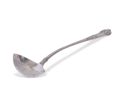 Heavy Victorian silver soup ladle in double struck Kings pattern with oval bowl, 34cm long, London 1845 by Elizabeth Eaton, 2