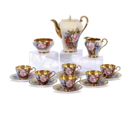 L Bailey for Aynsley, a coffee set comprising six cups and saucers, coffee pot, sugar bowl and milk jug, all with floral desi