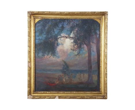 Circle of Vernon Ellis (American, 1885-1944), Landscape with figures enacting a ceremonial dance, Mixed Media on board. 26.5x