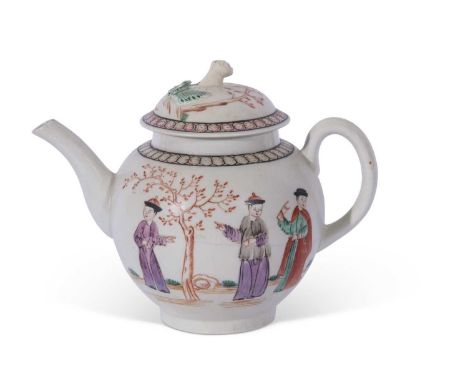Lowestoft porcelain tea pot, circa 1780, with a polychrome design of Chinese figures by a tree, the cover with similar decora