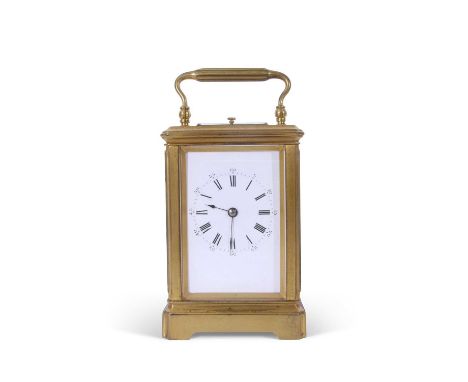 Late 19th/early 20th century French brass and glass cased carriage clock of canted rectangular form with fluted corners, havi