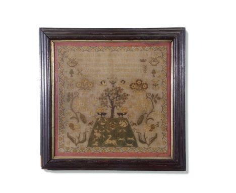 Large 19th century needlework sampler decorated with a large garden scene with animals and angels, plus various vases of flow