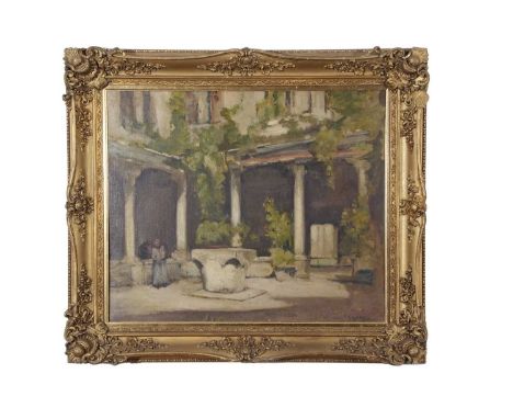 Emily Murray Paterson RSW SWA (British 1855-1934), Figures in a courtyard , Oil on board, signed. 21x24ins