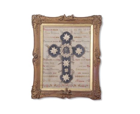 An unusual early 20th century needlework and mixed media picture with Psalm 73.23 written in German text with a central cruci