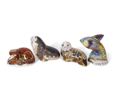 Quantity of Royal Crown Derby paperweights, gold stoppers, including Guppy, (272/2500), further model of a Walrus, a Harbour 