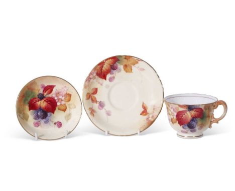 Royal Worcester pin dish painted with blackberries by Kitty Blake, 11cm diam together with a cup and saucer by the same artis