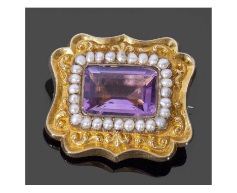 Victorian gold, amethyst and seed pearl brooch, the stepped cut rectangular shaped amethyst within a seed pearl surround fram