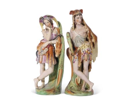 Rare pair of late 19th century Continental porcelain figures of Hercules and Diana, modelled in Staffordshire style, 34cm hig