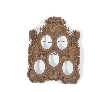 Late Ching dynasty carved wooden photo frame with 5 oval panels surrounded by foliate scrolls and Chinese figures