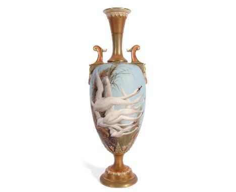 An impressive Royal Worcester vase, the central blue ground finely decorated with a group of swans in flight, signed by C H C