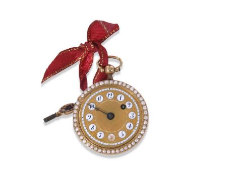 Second/third quarter of the 19th century unmarked gold fob watch, probably of Swiss or German origin, key wind, having blued 
