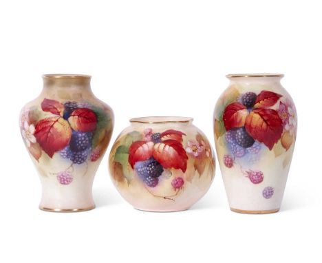 Group of three Royal Worcester vases, all decorated with blackberries, signed by Kitty Blake, including a small globular vase