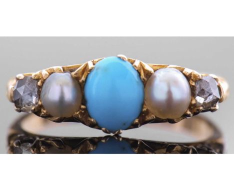 Antique turquoise, pearl and diamond ring centring an oval cabochon turquoise between two grey cultured pearls and two old cu