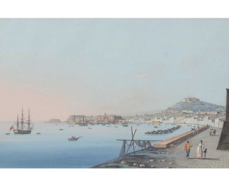 Continental School, 19th Century, An unidentified harbour with figures in the foreground , Watercolour. 11x19ins
