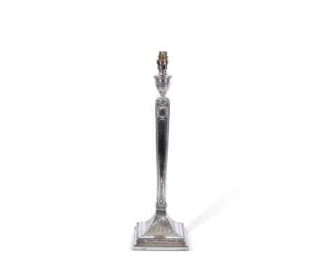 Large late Victorian silver encased table lamp in Adam style, the sloped square loaded base with foliate beaded and reed and 