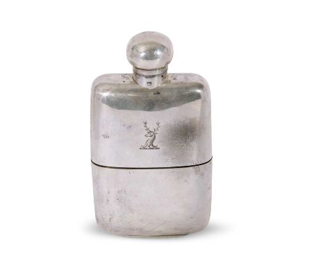 Edwardian silver spirit flask of curved rectangular form with detachable beaker base bearing a stag crest and having hinged b