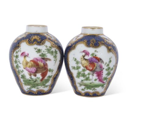 Pair of scale blue ground vases with panels of exotic birds in Worcester style, probably by Samson, (2)