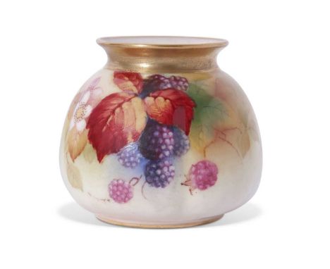 Squat Royal Worcester vase of lobed shape decorated with blackberries, signed by Kitty Blake, 8cm high