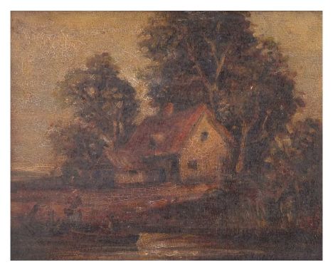 British, 19th Century, Figures at the riverbank with a cottage beyond , Oil on canvas. 7.5x9.5ins