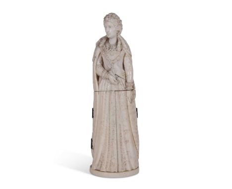 19th century Dieppe carved ivory tryptich of a noblewoman (possibly Marie Antoinette).  Her skirt having two hinged doors, op