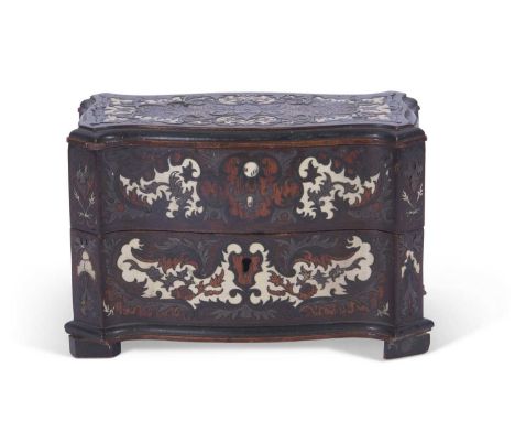 19th century ornate marquetry inlaid scent casket in the form of a serpentined commode, inlaid with various materials, the hi