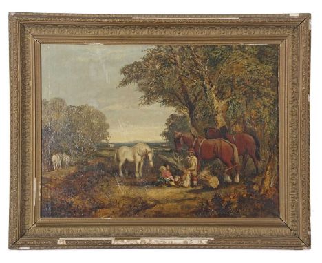 William Shayer (British 1787-1879) A rural landscape with figures resting under trees , Oil on canvas. 16x21ins