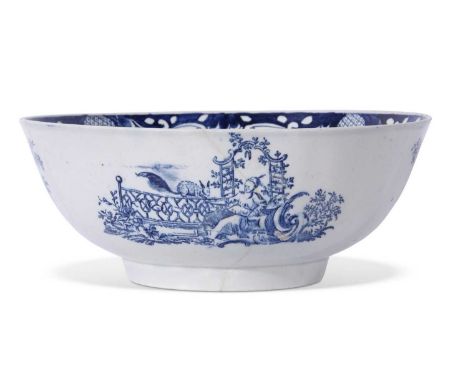 Large Lowestoft porcelain punch bowl circa 1780 decorated with a print of a lady with squirrel, the interior rim painted with