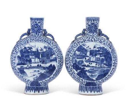 Two large Chinese porcelain moon flasks, both decorated with lake scenes and figures within scrolling borders, late 18th/earl