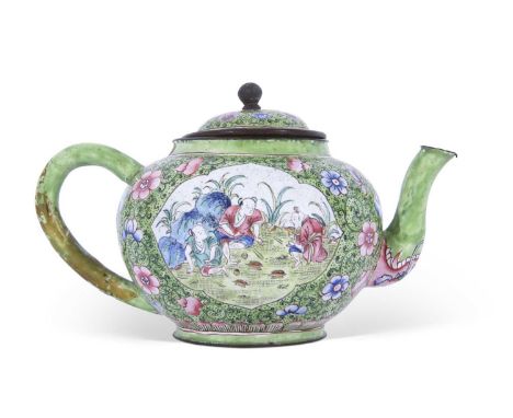 Small Canton enamel tea pot, the green ground decorated in enamel with flowers with a scene of Chinese figures within a garde