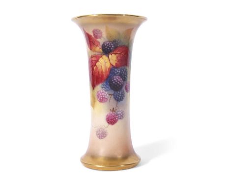 Royal Worcester cylindrical vase with everted rim, finely painted with blackberries, signed by Kitty Blake, puce factory mark