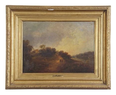 John Moore (British, 1820-1902), Figures along a pathway overlooked by a cottage , Oil on board, signed. 9x13ins.