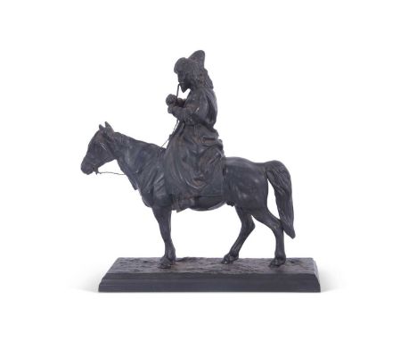 19th century spelter model of a bearded figure on horseback raised on a rectangular plinth base, 38cm high