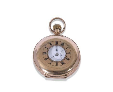 Gents first quarter of 20th century hallmarked 9ct gold cased half hunter pocket watch with button wind, the outer case with 