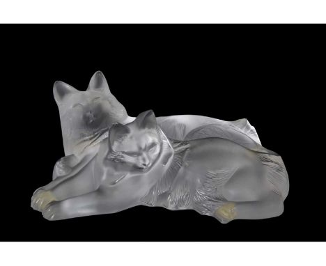 Lalique model of two cats, Happy and Heggie, in repose with original box, 14cm long