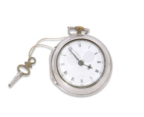 Third quarter of 18th century hallmarked silver paired-case pocket watch having beetle and poker hands to a white enamel dial